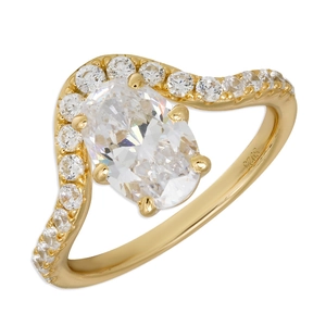 Elegant S925 sterling silver gold-plated ring with large oval crystal and wavy band