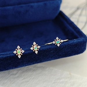 925 Sterling Silver Gold Plated Natural Australian Opal Jewelry Set Vintage Snowflake Star Stud Earrings And Ring For Women