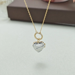 Relicario romántico de corazón plateado con alambre de espino dorado y aro de cristal