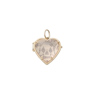 Colgante relicario de corazón dorado con diseño de calavera y piedra de cuarzo rosa