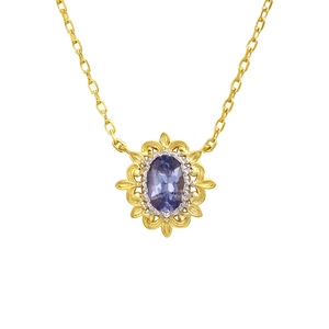 Collier rétro en argent doré avec pierre précieuse violette et dentelle ajourée dorée