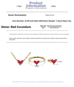 Detailed view of S925 silver 14K gold plated heart red corundum jewelry set specifications