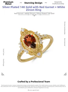 Detail view of pear-shaped garnet ring with S925 silver gold-plated hallmark