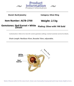 Detailed view of sterling silver pear-cut garnet ring with white zircon halo and specs