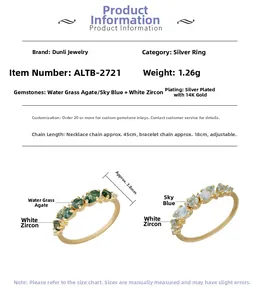 Detailed comparison of silver rings with moss agate and light blue gemstones in 14K gold plating