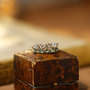 Vintage gold stacking ring set with natural moss agate and clear topaz gemstones