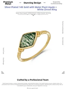 Detail view of S925 sterling silver ring with moss agate and 14K gold plating