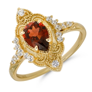 Vintage s925 silver gold plated ring with pear-shaped red garnet and white zircon accents