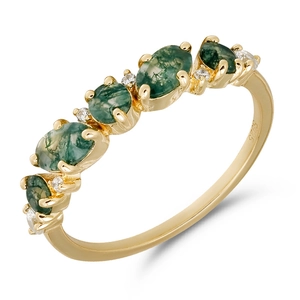 S925 silver gold plated moss agate ring with five oval green stones and zircon accents