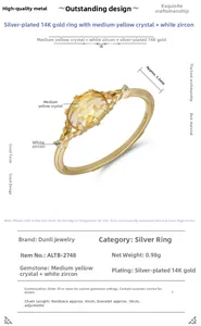 Macro-opname van S925 zilveren ring met gele kristal en gewichtsspecificaties