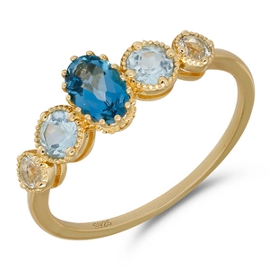Elegant S925 sterling silver gold-plated ring with oval blue topaz and multi-color gems