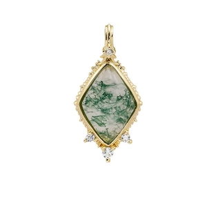 Rhombus moss agate pendant in 14K gold plated 925 silver frame with sparkling accent stones