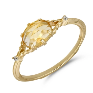 Anello in argento S925 placcato oro con citrino giallo ovale e pietre laterali