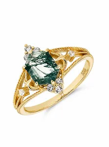 Detailed macro view of S925 hallmark on a gold-plated moss agate ring with zircons