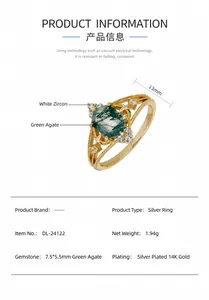Detail view of S925 silver gold plated moss agate ring with size and material specifications