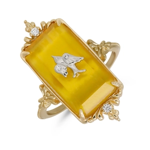 Vintage 14k gold plated S925 silver ring with yellow gemstone and bird relief