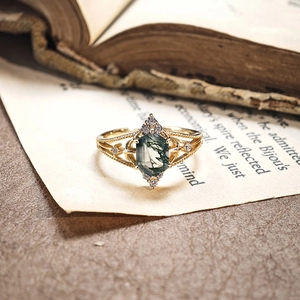Vintage 925 Sterling Silver Moss Agate Ring Gold Plated Geometric Hexagon Zirconia Inlaid Jewelry For Women Retro Luxury Accessory