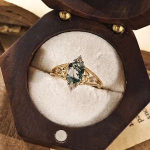 Vintage gold plated S925 silver ring with hexagonal moss agate in a luxury gift box