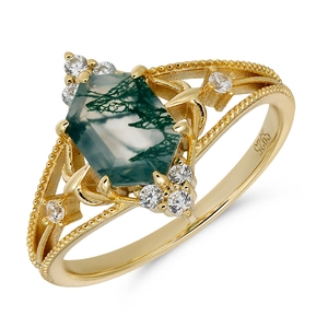 Elegant S925 gilded silver ring with hexagonal moss agate and vintage beaded detailing