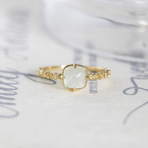 Vintage S925 Sterling Silver Gold Plated Natural Prehnite Ring Square Green Gemstone Floral Lace Finger Ring Women Jewelry