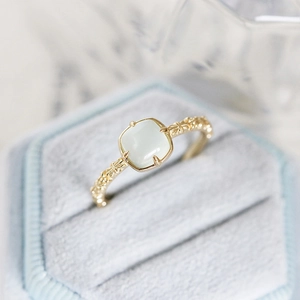 Square prehnite stone ring in S925 sterling silver gold plated with vintage lace texture