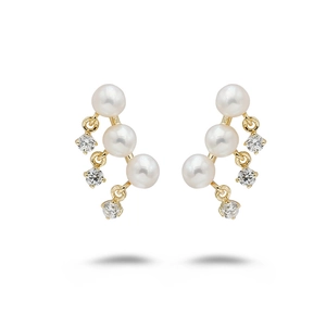 Elegant gold earrings featuring freshwater pearls and sparkling tassel drop zircons