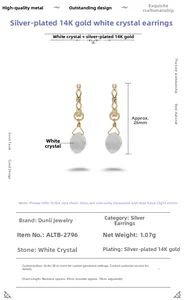 Vue détaillée de boucles d'oreilles en argent doré 14K avec gouttes en cristal blanc