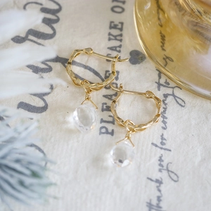 Boucles d'Oreilles Créoles Plaqué Or 14K avec Tige Argent 925 Cristal de Roche Naturel Pendentif Goutte Géométrique