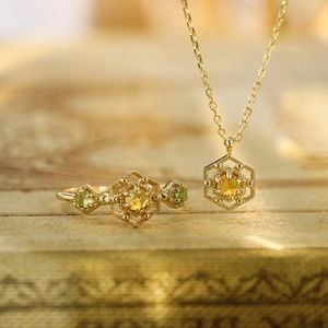 Vintage 925 Sterlingsilber Vergoldeter Hexagon Citrin Peridot Schmuck Für Damen Retro Waben Halskette Ring Set
