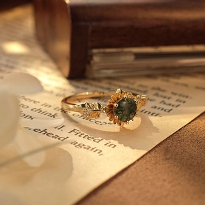 Vintage 925 Sterling Silver Ring With Natural Moss Agate Sunflower Flower White Zirconia Gold Plated Jewelry For Women
