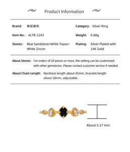Détails de la bague en argent 925 avec grès bleu et topaze blanche et ses dimensions