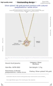 Detailed specs of pink lab-grown sapphire pendant necklace in 14K gold plated silver