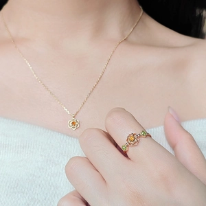 Nahaufnahme von s925 vergoldetem Halsketten- und Ring-Set mit bunten Edelsteinen