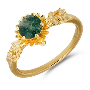 925 sterling silver sunflower ring with green moss agate gemstone and leaf accents