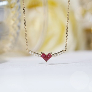 Red heart gemstone necklace set in gold-plated S925 silver with sparkling white diamonds