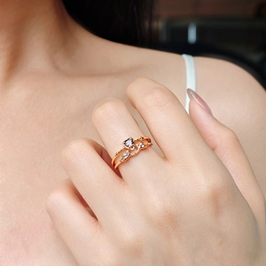 French vintage double-layered gold angel ring with dark heart stone and floral vine design