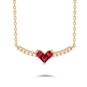Elegant 925 silver necklace featuring a red heart gemstone smile pendant on gold chain