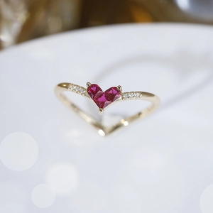 925 Sterling Silver Heart Ruby V-Shape Ring For Women Invisible Setting Red Corundum White Zirconia Jewelry Gift
