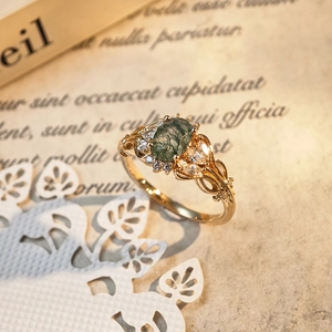 Vintage S925 silver gold-plated ring with natural green moss agate and white zircon accents