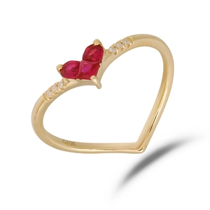 10K gold V-shaped heart ring with red ruby gemstones and sparkling diamonds