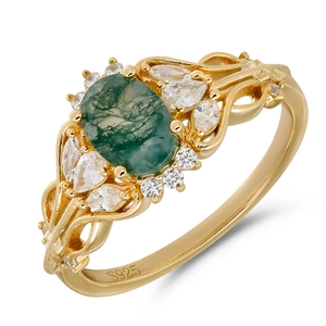 Retro S925 sterling silver ring with natural green moss agate and white zircon accents