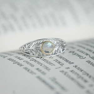 Vintage 925 Sterling Silver Labradorite Ring Palace Style Hollow Lace Design 14K Gold Plated Jewelry For Women Gift
