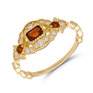 Vintage Ring aus vergoldetem 925er Silber mit Granat im Smaragdschliff und Zirkonia