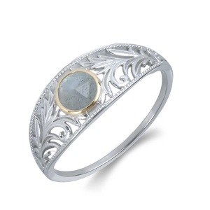 S925 silver retro ring with hollow lace design and a round grey labradorite gemstone