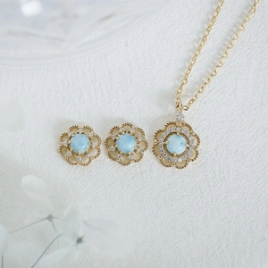Parure de bijoux en argent S925 avec pierre larimar bleue et zircons blancs