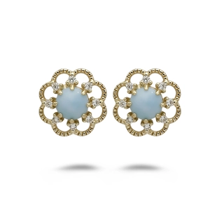 Boucles d'oreilles fleurs en Larimar et zircon blanc sur argent sterling S925 plaqué or