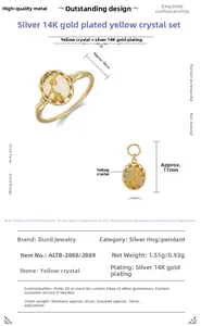 Detail view of 14K gold plated S925 silver ring and citrine pendant with size parameters