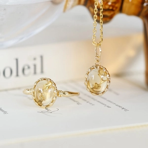 Vintage 925 Sterling Silver Citrine Rose Flower Pendant Necklace And Ring For Women 14K Gold Plated Elegant Jewelry Gift