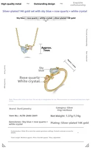 Macro detail of S925 silver gold-plated jewelry set with blue topaz and dimensions