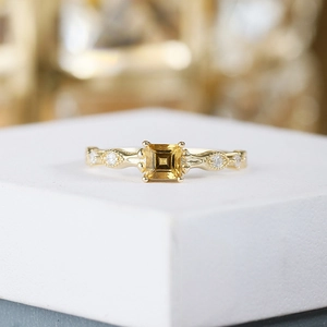 French vintage S925 silver ring with square yellow citrine and wavy 14K gold band